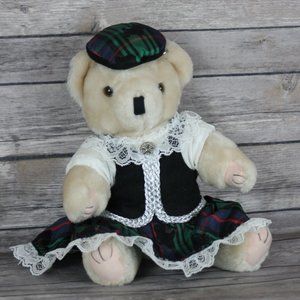 CHRISTMAS BEAR Scottish Dress Plush Animal Stuffed Bear Green Swatch Plaid Dress